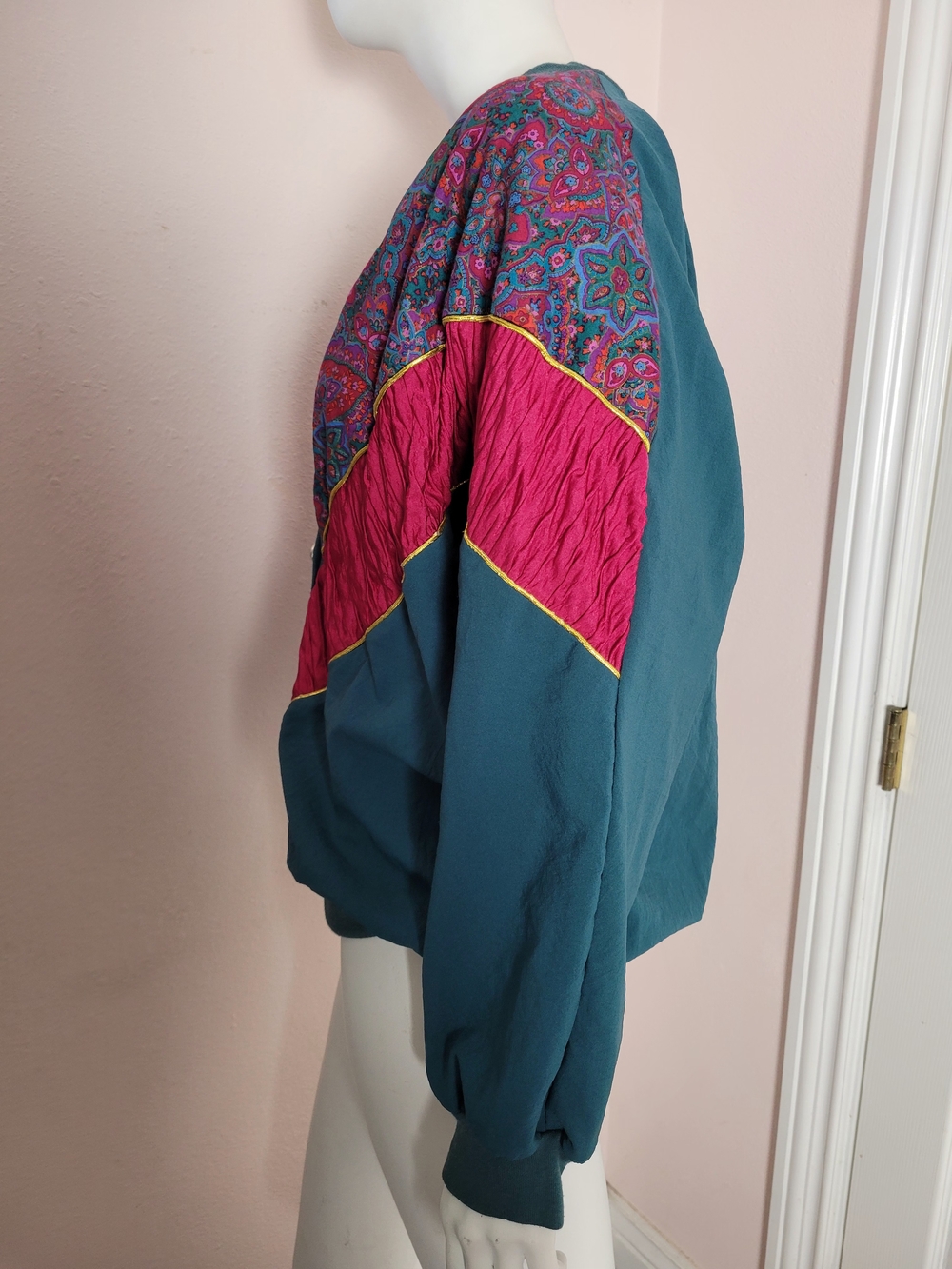 Vintage 80s/90s Silver Threads Teal & Fuchsia Paisley Cardigan - Made in USA* - Picture 3 of 5